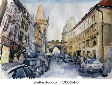 Watercolour of Old City of Prague: churches, streets, roofs in the evening - Shutterstock ID 103366448