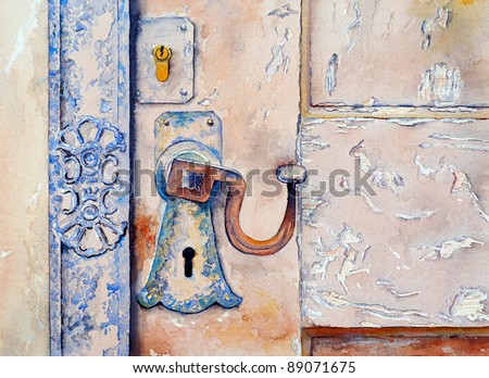 a watercolour painting of the lock and latch on an ancient door