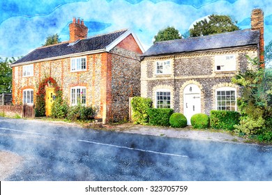 Watercolour painting of pretty country cottages made from brick and flint in Norfolk