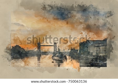 Watercolour painting of Stunning Autumn sunrise over River Thames and Tower Bridge in London