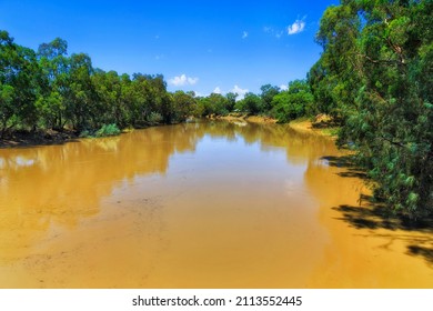 Watercourse Of Darling River In Australian Outback Plains Near Wilcannia Town Of Far West.