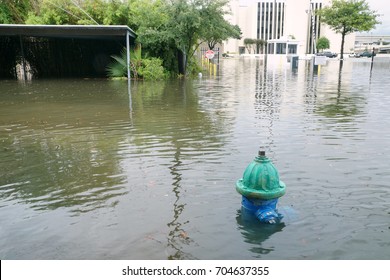 Watered streets of Houston. Fire hydrant under water. Hurricane Harvey