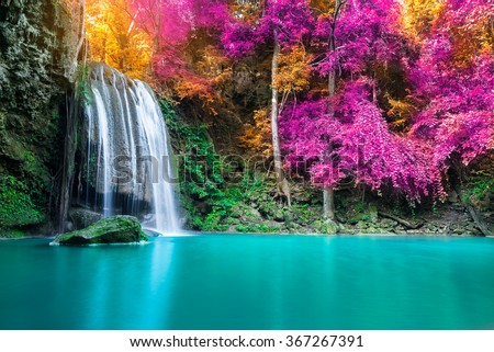 Waterfall in autumn forest at Erawan National Park, Thailand 