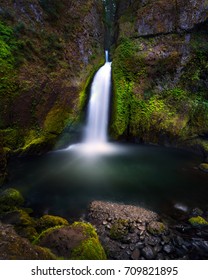 Waterfall In The Columbia River Gorge.  Long Exposure With Smooth Water.