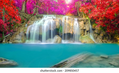 Waterfall in Deep forest at Erawan waterfall National Park, Thailand.