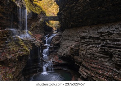 Waterfall in deep limestone gorge surrounded by forest trees during fall month.Water flows smooth over rocky cliffs into deep pool. Long exposure, wide angle shot. Watkins Glen State Park, NY, USA.