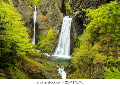 Waterfall in the depths of the forest. Mountain waterfall cascade in autumn forest. Waterfall cascade on rock. Autumn forest waterfall cascade landscape
