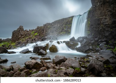 Öxarárfoss waterfall in Dingvellir, Iceland. Long exposure of a beautiful Icelandic waterfall.