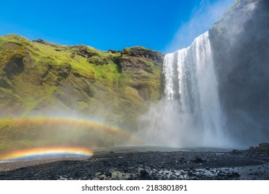 Waterfall Skógafoss With Double Rainbow, Iceland