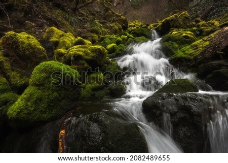 Waterfall falling from beautiful green mountains 