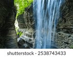 A waterfall falls into a pool among rock formations at Watkins Glen State Park in Pennsylvania, showcasing the power and beauty of nature, USA