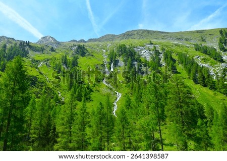 Waterfall flowing down the slopes of High tauern mountains with larch (Larix decidua) tress in Central eastern alps, Austria