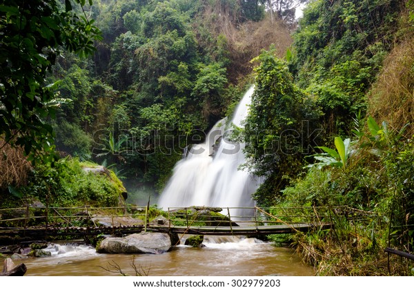 Waterfall Forest Small Bamboo Bridge Raining Stock Photo Edit Now