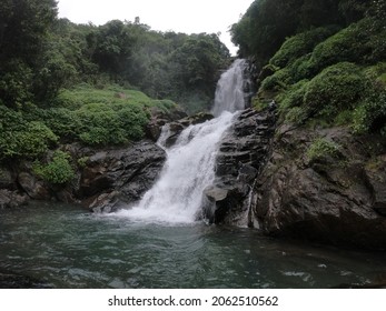 A Waterfall With The Full Flow During Monsoon In Goa, India.