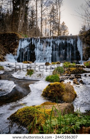 waterfall, ice, stream, river, frozen, iced, cascade, winter, autumn, landscape, nature, moss