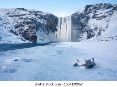 Skógafoss Waterfall in Iceland Winter Snow