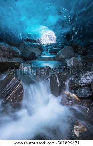 Waterfall Inside Ice Cave, Mendenhall Glacier, Juneau, Alaska, USA