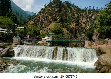 waterfall in Kashmir, landscape with slow shutter waterfall and mountains 