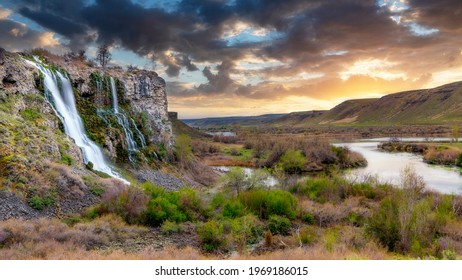 Waterfall leads to the Snake River in Idaho 
