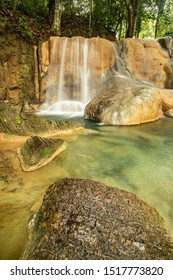 Waterfall Located In The Batu Pahat District Of Perlis Solve A Small Waterfall Located. A Limestone Waterfall Is Beautiful. Selected Focus.