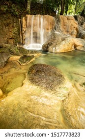 Waterfall Located In The Batu Pahat District Of Perlis Solve A Small Waterfall Located. A Limestone Waterfall Is Beautiful. Selected Focus.