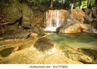 Waterfall Located In The Batu Pahat District Of Perlis Solve A Small Waterfall Located. A Limestone Waterfall Is Beautiful. Selected Focus.