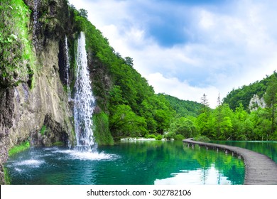 waterfall in mountain lake and green park. Croatia.