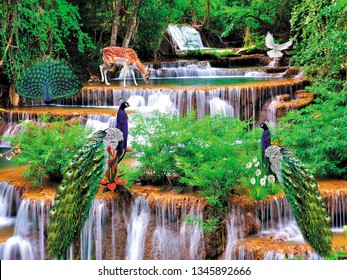 Waterfall Nature Background With Animals And Birds , Editing Peacock With Deer In Mountain Forest