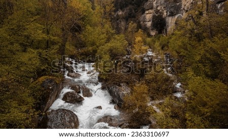 Waterfall on the Vomano River flows in the province of Teramo. Picturesque mountainous area, on the northwestern slopes of Monte San Franco.