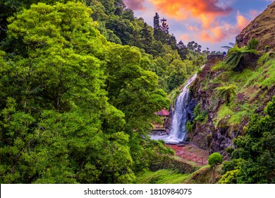 Waterfall at  Parque Natural Da Ribeira Dos Caldeiroes, Sao Miguel, Azores, Portugal. Beautiful waterfall surrounded with hydrangeas in Ribeira dos Caldeiroes park, Sao Miguel, Azores, Portugal