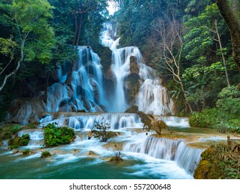 Waterfall in rain forest (Kuang Si Waterfalls at Luang prabang, Laos.) - Shutterstock ID 557200648