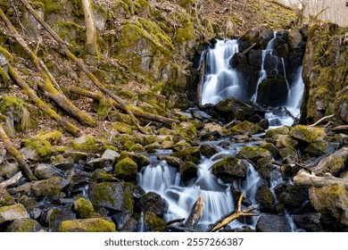 waterfall, teufelsmühle, river, stream, cascade, long exposure, flow, rock, rocks, moss, stones, stream, riverbed, river course, Lower Franconia, Bavaria - Powered by Shutterstock