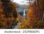 Waterfall Scenic Viewpoint Taughannock Falls Fingerlakes New York New England. Autumn Fall Foliage Season Orange Leaves Stone Path