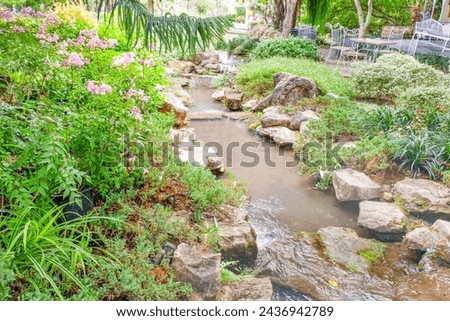 Waterfall and stone in nature park,stream and tropical plants and rocks covered in moss being misted,no people,copy space.