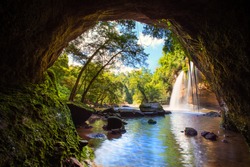 Waterfall In Tropical Forest At Khao Yai National Park, Thailand. Waterfall View From Inside The Cave.