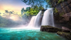 Waterfall In Tropical Forest At Khao Yai National Park, Thailand. View Of The Waterfall From Below. 16:9 Ratio. Waterfall In Thailand. Beautiful Waterfall At Amazing Khao Yai National Park, Thailand. 