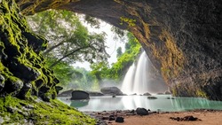 Waterfall In Tropical Forest At Khao Yai National Park, Thailand. Waterfall View From Inside The Cave.