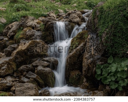 Waterfall view in the forest. Waterfall in autumn colors. The Waterfall is hidden in the tropical jungle. Waterfall streams in the green mossy mountain.