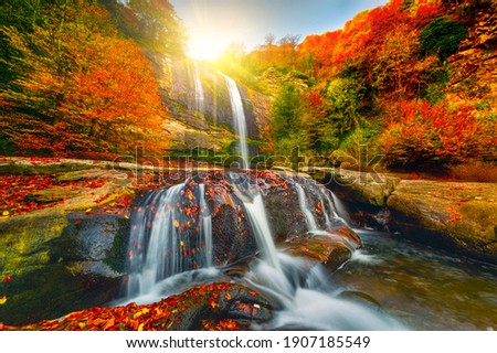 Waterfall view in the forest that contains all the colors of autumn. Waterfall in autumn colors. Uludag Suuctu waterfall national park, Bursa.