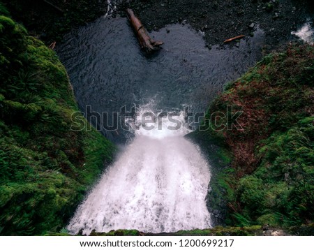 waterfall view from top down. Beautiful landscape scenery. view from rowena crest viewpoint in the columbia river gorge. travel oregon.