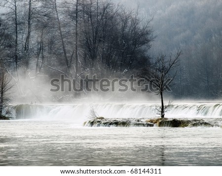 Waterfall in the winter morning on the mountain river called Mreznica in continental part of Croatia.