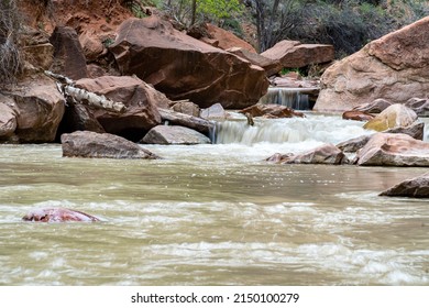 Waterfall At Zion National Park On A Sunny Spring Day