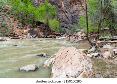 Waterfall At Zion National Park On A Sunny Spring Day