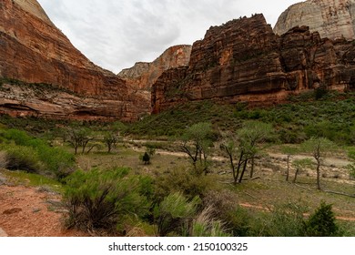 Waterfall At Zion National Park On A Sunny Spring Day