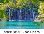 Waterfalls in the forest flowing into lakes. Tourists visit famous Plitvice park in Croatia. Mountain streams with clear water. Waterfalls of Plitvice Lakes on a summer day.