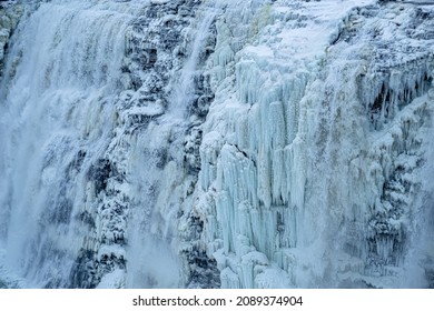 Waterfalls In Letchworth State Park View During Winter. USA