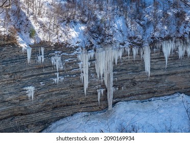 Waterfalls In Letchworth State Park View During Winter. USA