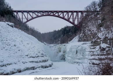 Waterfalls In Letchworth State Park View During Winter. USA