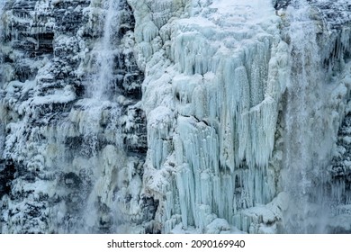 Waterfalls In Letchworth State Park View During Winter. USA