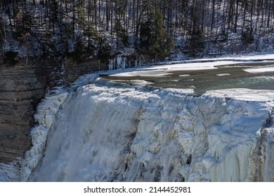 Waterfalls In Letchworth State Park View During Winter. USA